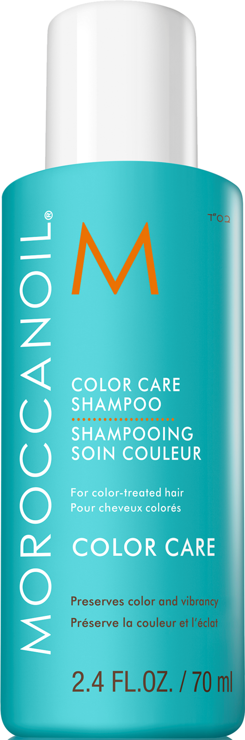 Sininen Moroccanoil-vahamainen shampoopullo, jossa valkoinen korkki ja merkintä säilyttää hiusten väri.