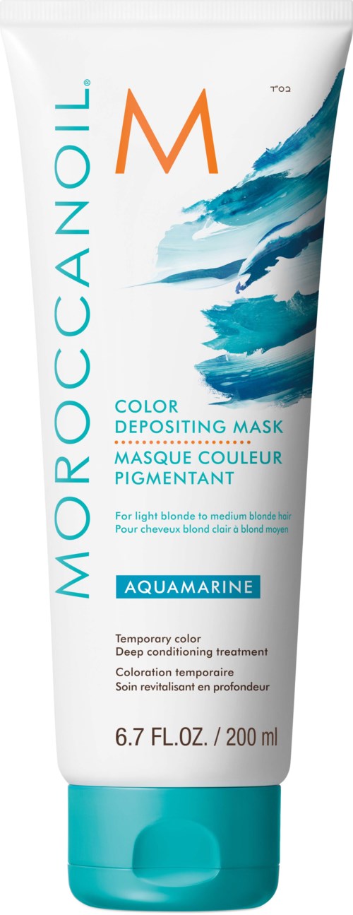 Valkoinen putki, jossa on sinisiä ja oransseja tekstejä, ja sininen aaltoilu-Design, merkitty Moroccanoil Aquamarine värimaskiksi.