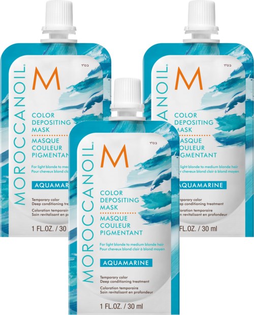 Kolme Moroccanoil-väriä sisältävää maskipakkauksia, sininen ja valkoinen aaltoDesign, märkitty akvaarinärihiuksille, 30 ml kutakin.