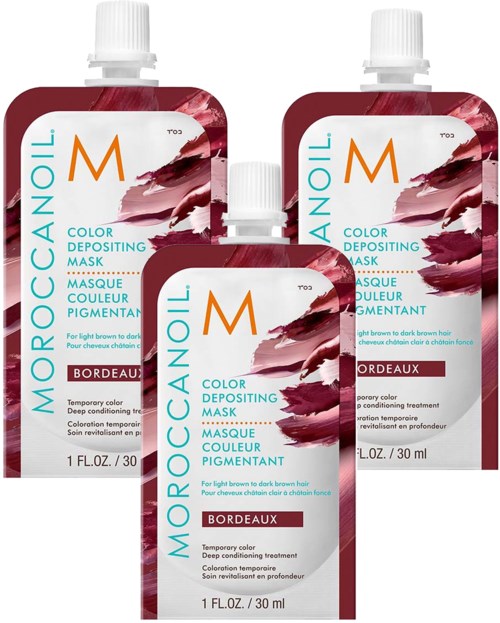 Kolme pientä pulloa Moroccanoil-väriä laskevaa naamiota vaaleasta tummanruskeaan hiuksiin, Bordeaux-sävy.
