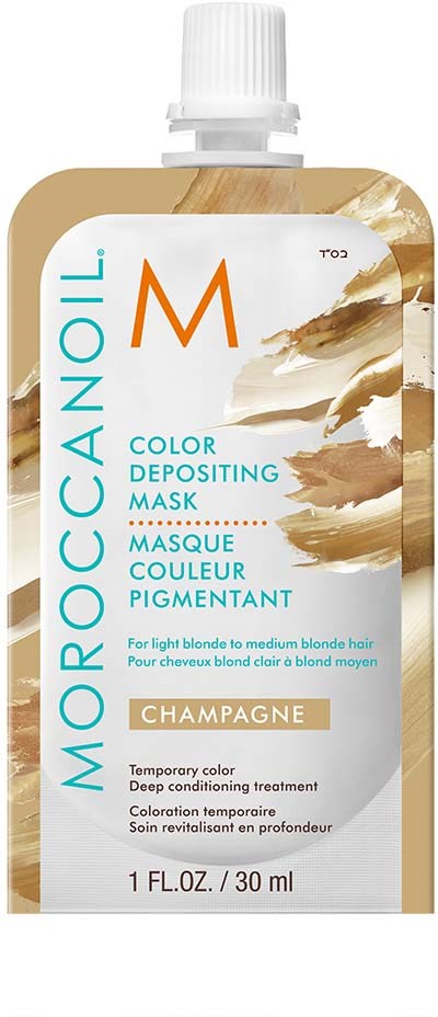 Fuktgivande ansiktsmask i påse med beige och vit färg, blå och orange text, för blont hår.