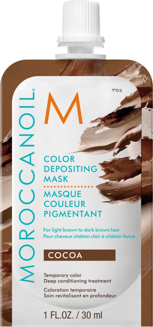 Ruskea putki, jossa valkoinen korkki, merkintä 'Moroccanoil Color Depositing Mask' hiuksille, kakaoväri, 30 ml.