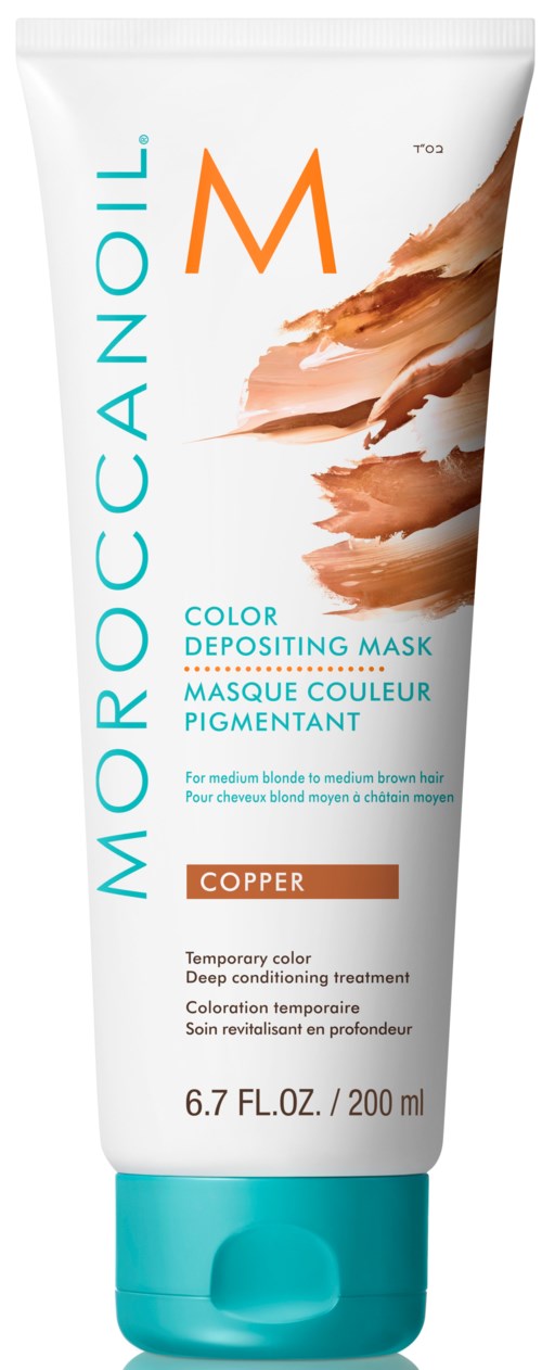 Moroccanoil-värinpoisto kasvonaamio keskiruskealle hiukselle, jossa kuparinsävyjä ja vuoristomaisemasuunnittelu.