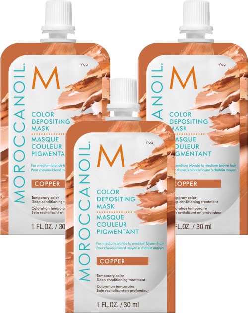 Kolme pientä pussia Moroccanoil-värjäysmaskille, keskikokoa vaaleaan tai vaaleaksi kuluneeseen hiukseen, kupariväri.