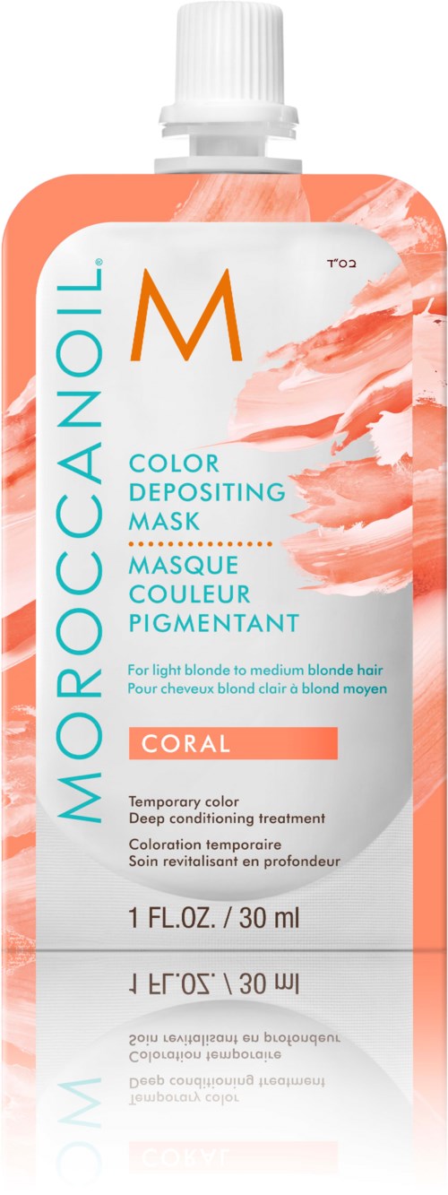 Moroccanoil väriä kerrostava naamio, oranssi ja valkoinen muotoilu, käytetään hiusten värjäämiseen.