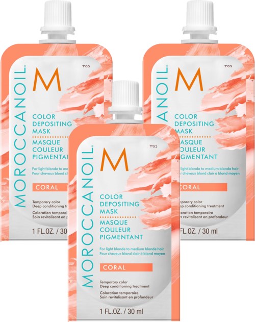 Kolme MoroccanOil-väriä jätettävää maskipakkausta, korallinvärinen ja valkoiset korkit.