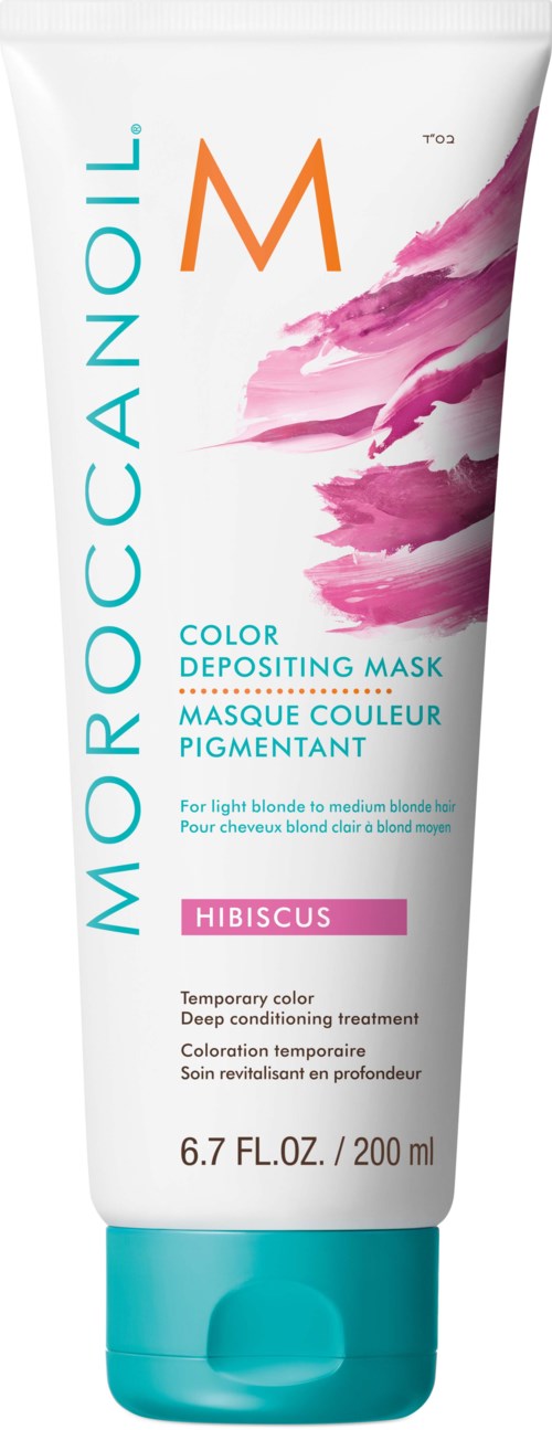 Moroccanoil väripäiväysmaskin putki pinkillä, tekstillä englanniksi ja ranskaksi, ja pinkki ja violetti abstrakti suunnittelu.