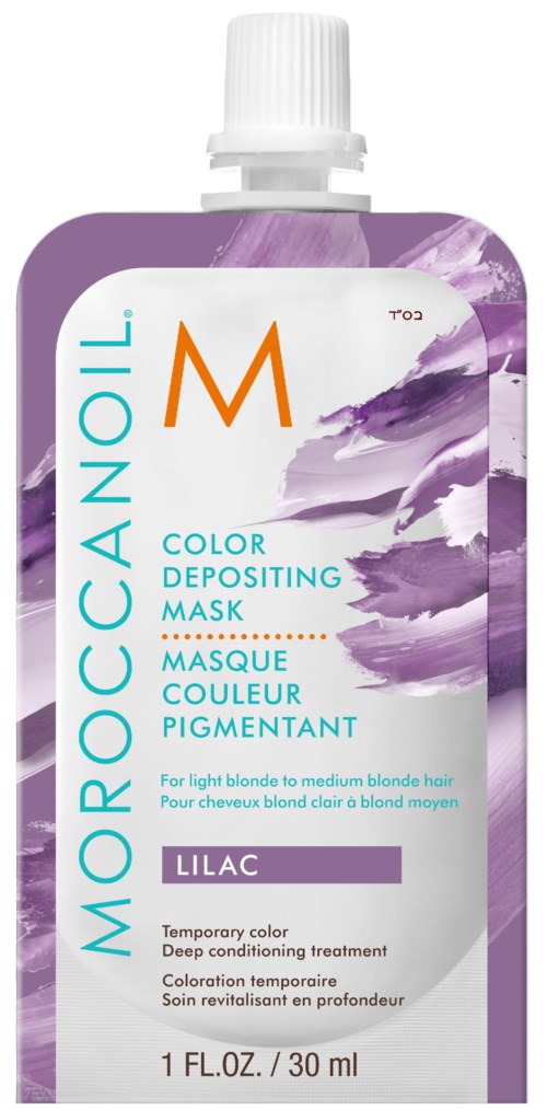 Lila och vit maskrör för ljust blont hår, med varumärkesnamnet och produktdetaljer på framsidan.