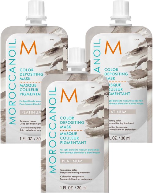 Kolme isoa Moroccanoil-värjäyssuojaava maskipakkausta, platinaväri, 30 ml kustakin.