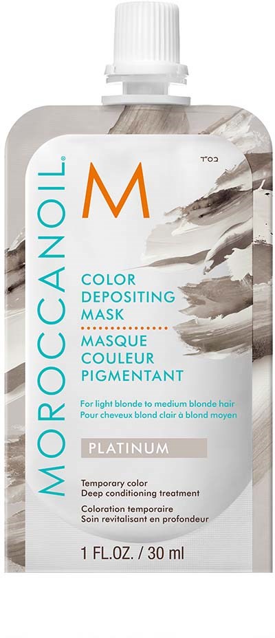 30 ml:n tuubi Moroccanoil-värjäyksenpoistoampulleja, merkinnällä platinum, tarkoitettu vaalealle tukalle. Se on valkoinen ja harmaa suunnittelussa.