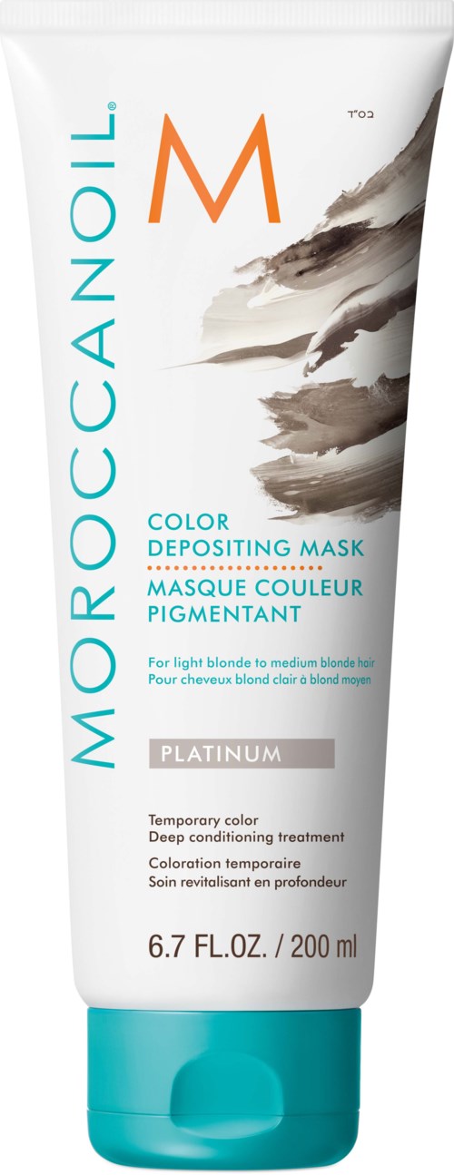 En vit tub med turkos lock, uppmärksammad för Moroccanoil Color Depositing Mask för blont hår, med bergsillustration.