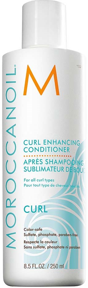 Pullo, jossa lukee 'Moroccan Oil Curl Enhancing Conditioner' kiharoille hiuksille, sinisen ja oranssin tekstin ja suunnittelun kanssa.