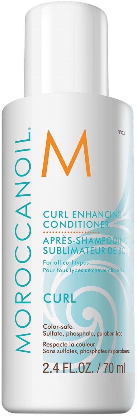 En vit flaska märkt "Moroccanoil" med blå och orange text, innehållande balsam för att förbättra lockar.