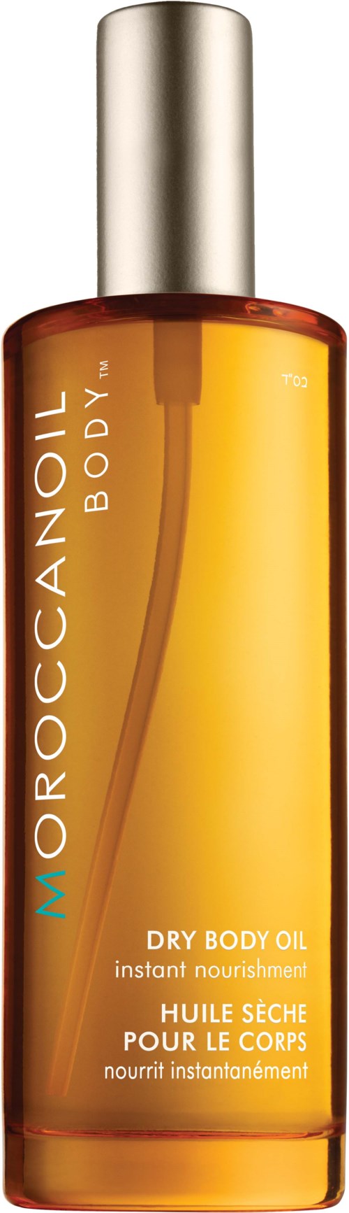 A tall, orange-brown bottle with a silver cap, labeled 'MoroccanOil Body' and 'Dry Body Oil' for skin nourishment.