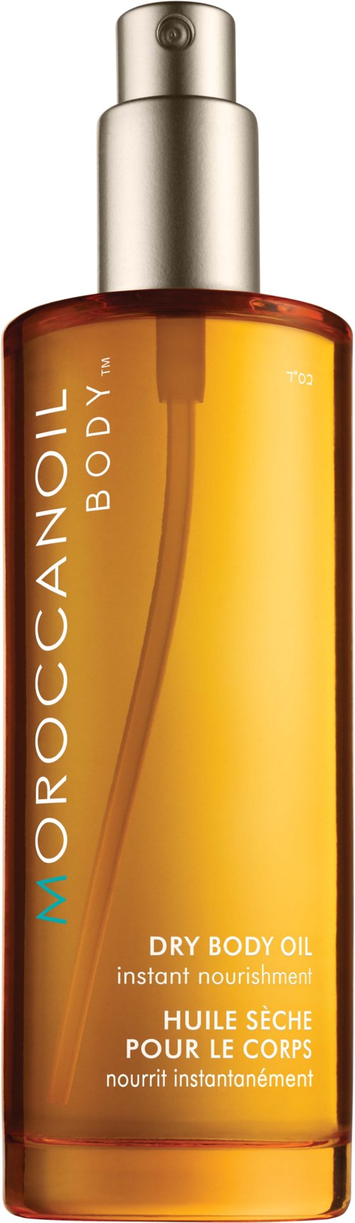A brown and yellow bottle of Moroccanoil dry body oil with a spray top.