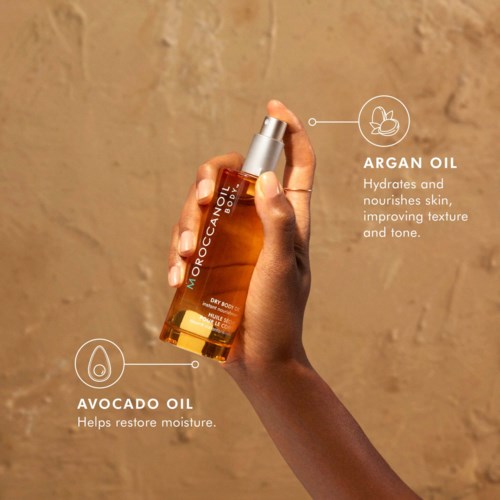A hand holds a bottle of Moroccan oil with text about argan and avocado oils' skin benefits.