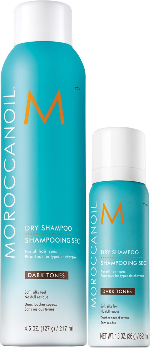 Kaksi Moroccanoil-kuivashampoopulloa, iso ja pieni, sininen ja valkoinen muotoilu ja oranssi logo.