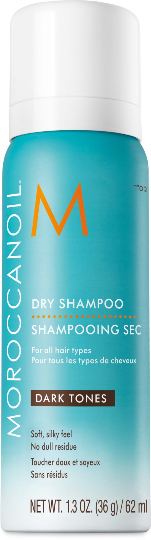 A bright blue bottle of moisture oil dry shampoo for dark hair, labeled as suitable for all hair types.
