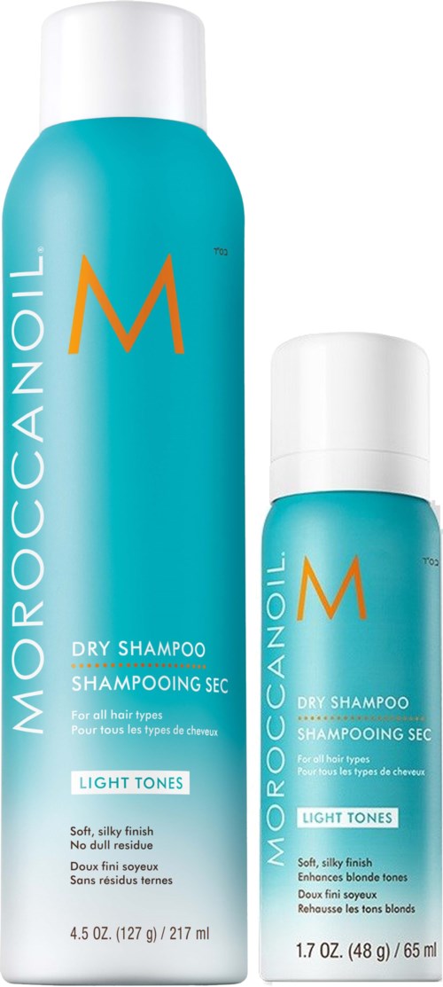 Two bottles of dry shampoo, blue with white caps, labeled for light tones and soft finish.