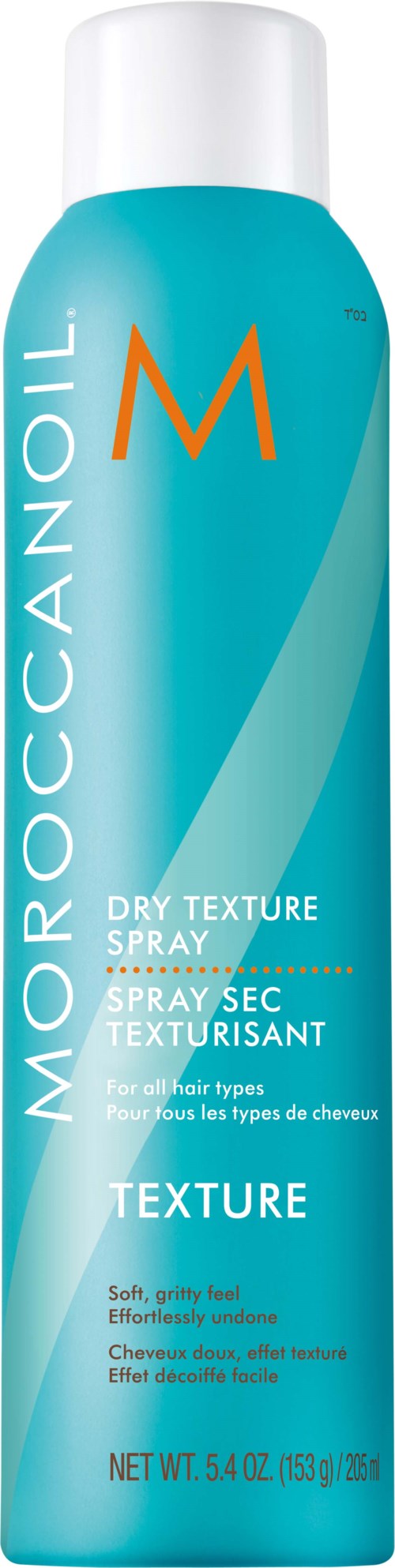 A turquoise bottle of Moroccanoil Dry Texture Spray with an orange 'M' logo and white cap.
