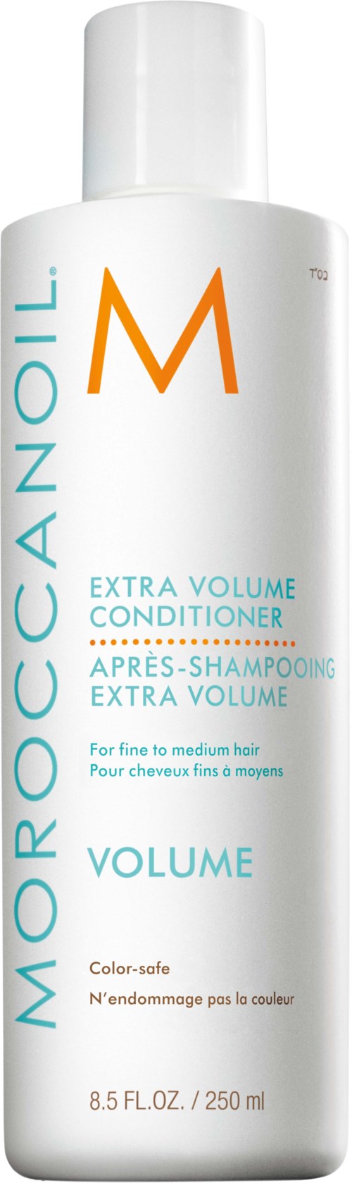 A white bottle of Moroccanoil Extra Volume Conditioner with a white cap, blue and orange text, and a tall, slim shape.
