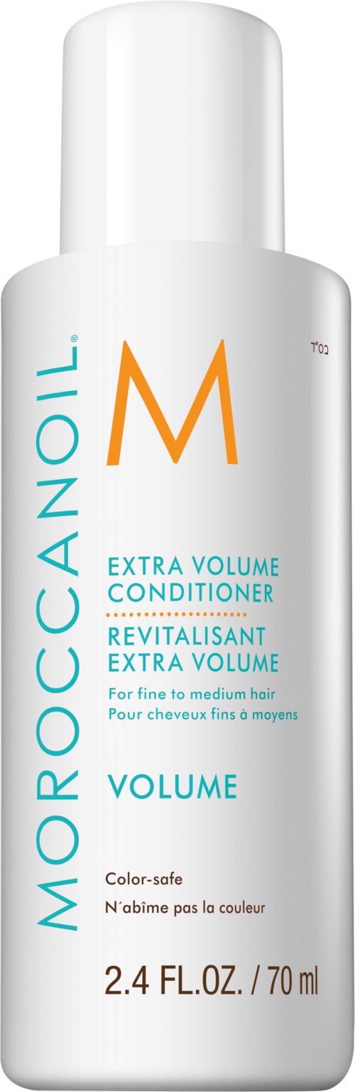 A white bottle of Moroccanoil Extra Volume Conditioner with blue and orange text, size 70 mL.