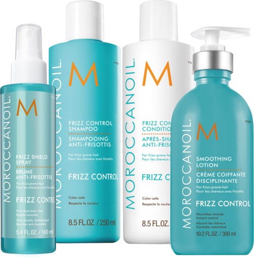 Four MOROCCANOIL hair care bottles, labeled for frizz control and smoothing, in various sizes and colors.