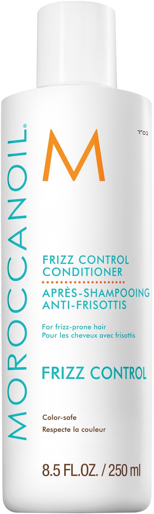 A white bottle labeled Moroccanoil Frizz Control Conditioner with orange and blue text, containing 8.5 fl oz.