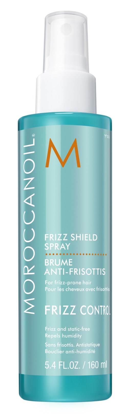 A light blue bottle of Moroccanoil Frizz Control Spray with white cap, used for hair to reduce frizz.