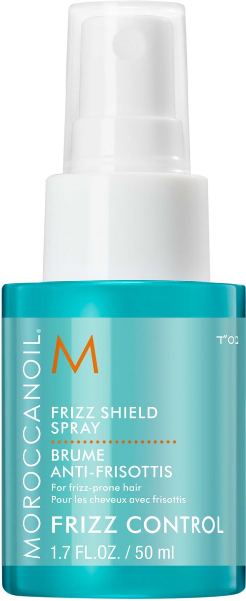 Eine blaue und weiße Flasche mit Moroccanoil Frizz Shield Spray zur Kontrolle von Frizz.