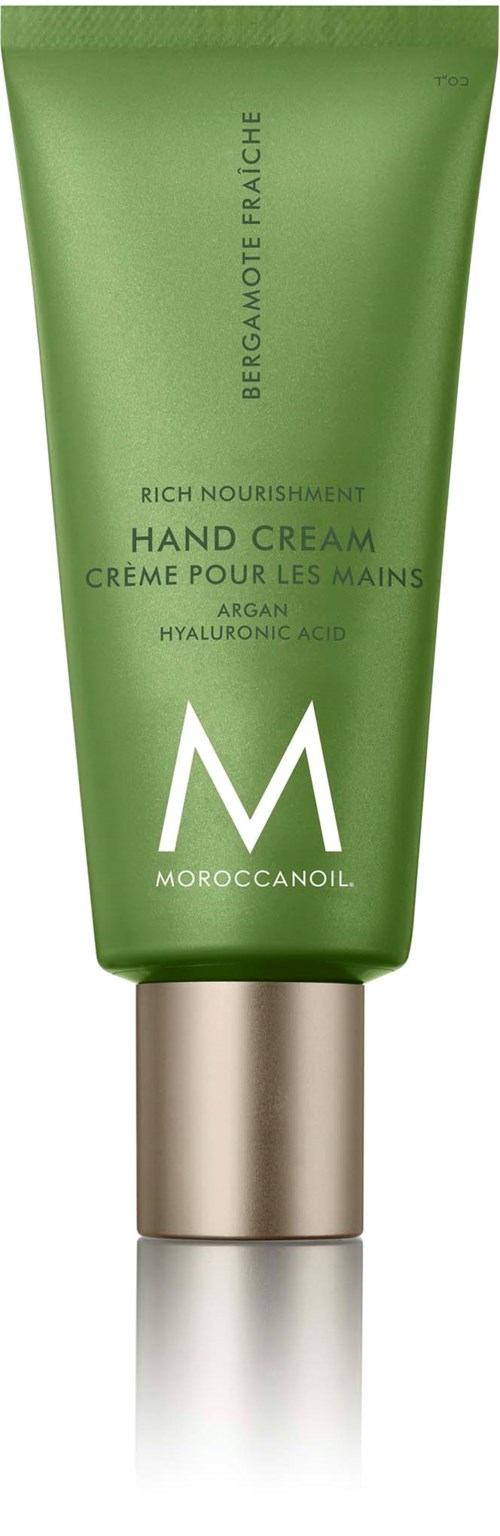 Vihreä putkilahje käsivoiteelle, merkki Moroccanoil, sisältää argania ja hyaluronihappoa, ravitseviin käsiin.