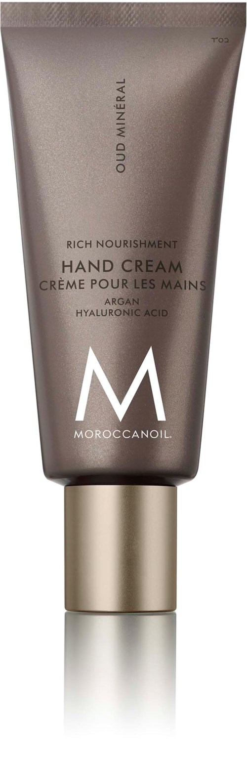 Kerätuubi käsivoide, merkki Moroccanoil, sisältää argan- ja hyaluronihappoa.