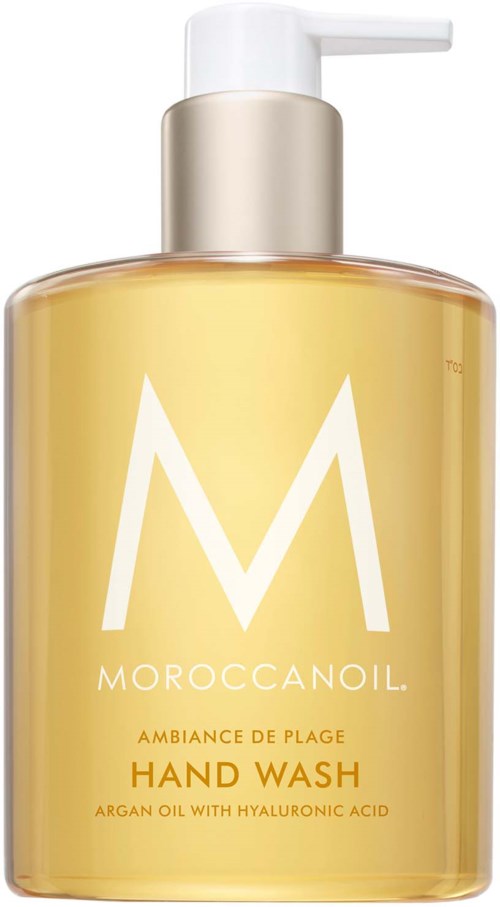 Käsisaippuapullo, jossa iso 'M' ja tekstit 'MoroccanOil' ja 'Hand Wash', sisältää arganöljyä.