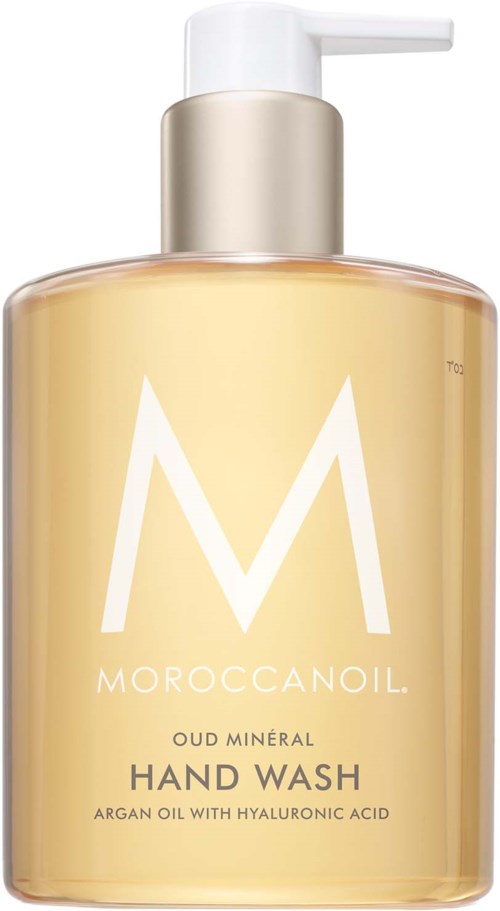 Beige pullo, jossa valkoinen pumppu, merkinnässä Moroccanoil käsisaippua, arganöljyä ja hyaluronihappoa.