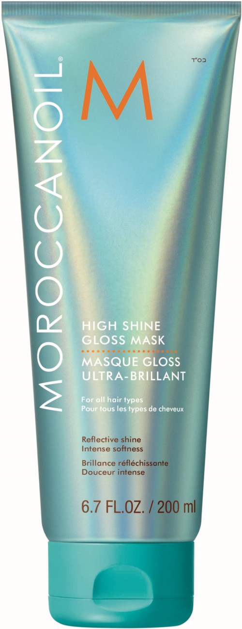 Vihreä-turkoosi tubi, jossa lukee 'Moroccanoil High Shine Gloss Mask', 200 ml, oranssilla ja valkoisella tekstillä.