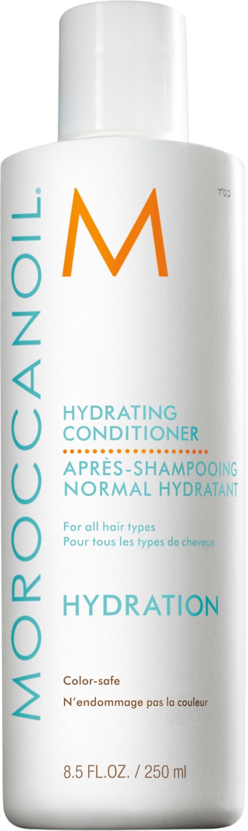 White bottle with orange and blue text, labeled Moroccanoil Hydrating Conditioner for all hair types.