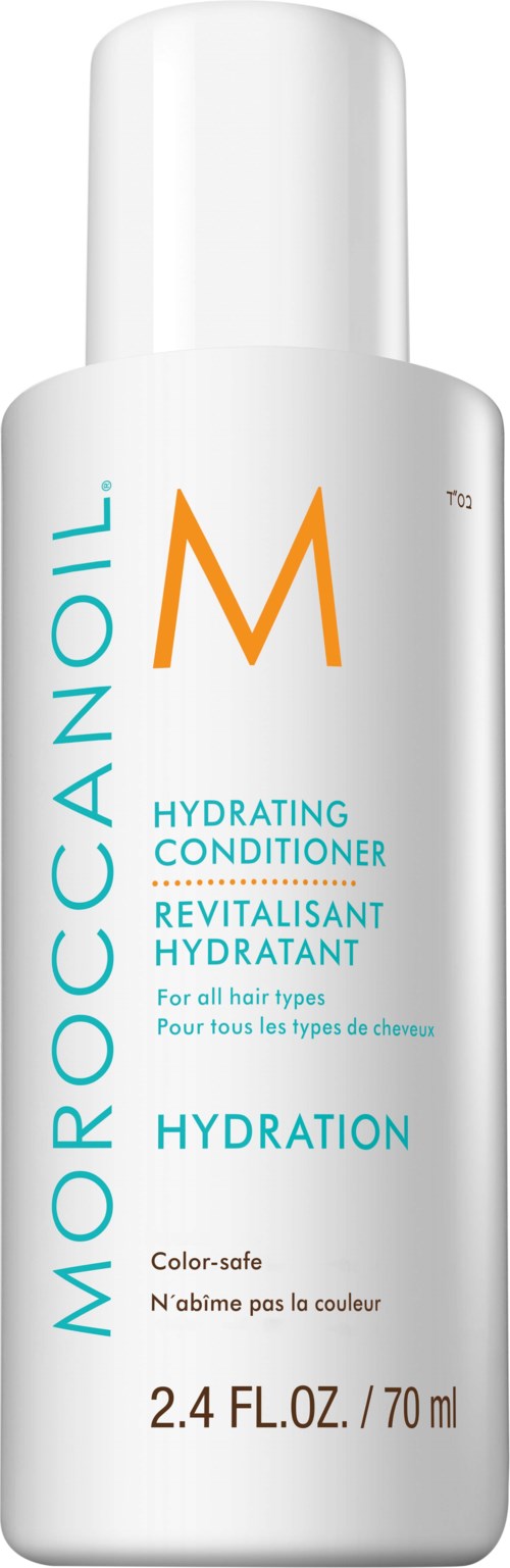 A white bottle of Moroccanoil Hydrating Conditioner with orange and blue text, bottle size 70 ml.