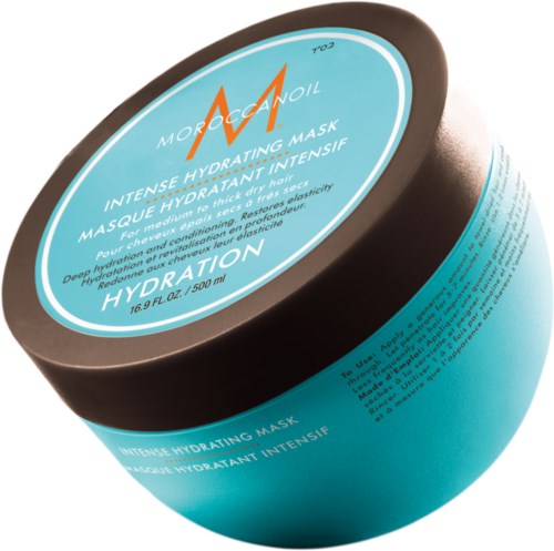 Burken är blå med lock i brunt. Det är en återfuktande ansiktsmask från Moroccanoil för intensiv fuktighet.