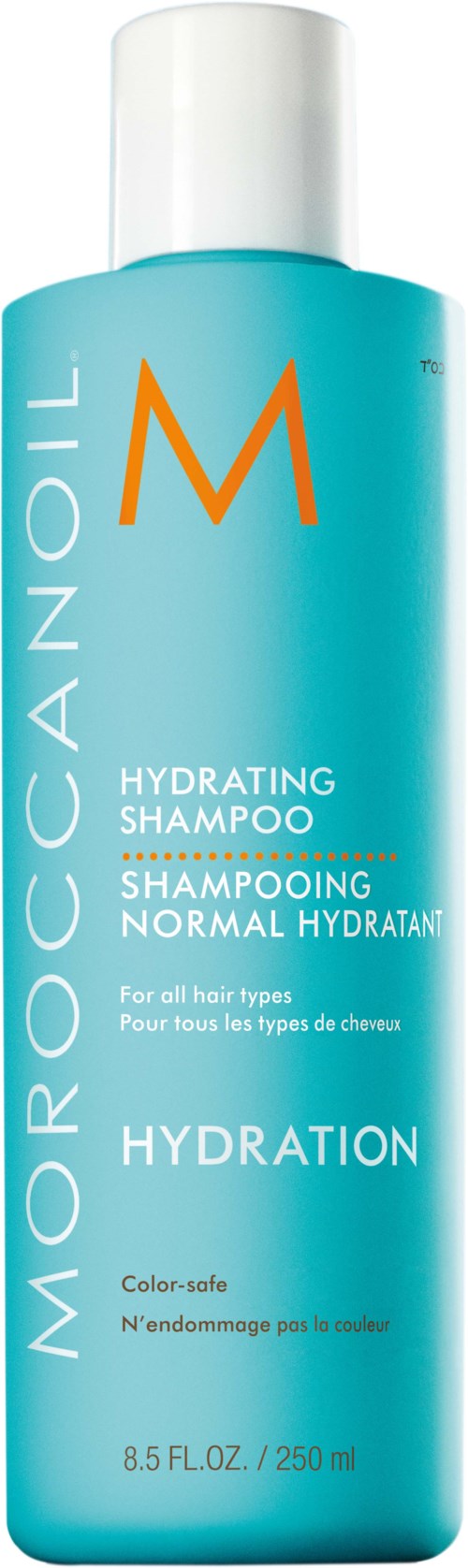 Blue bottle with white cap, labeled Moroccanoil Hydrating Shampoo, for all hair types, 8.5 fl oz, 250 ml.