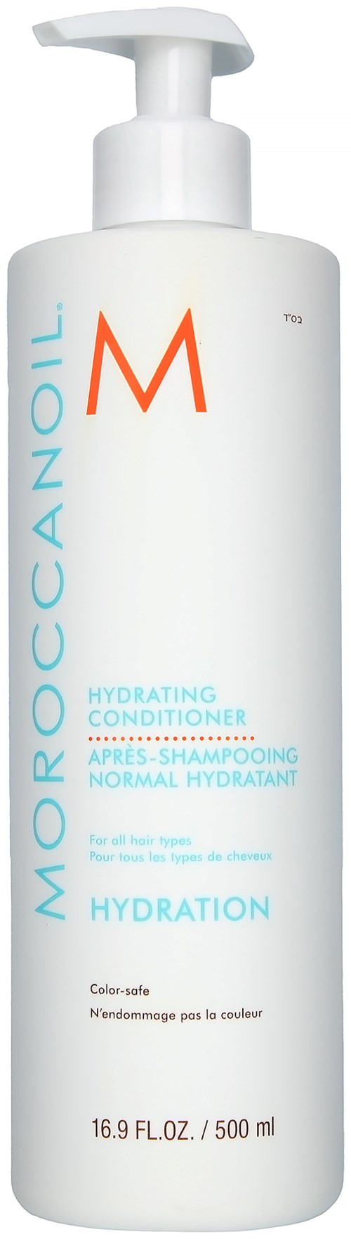 A white bottle with a pump, labeled Moroccanoil Hydrating Conditioner for normal hair, 16.9 FL OZ (500 ml).