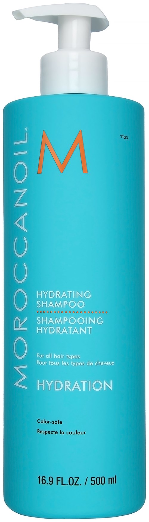 A light blue bottle of Moroccanoil Hydrating Shampoo with a white pump and orange 'M' logo.