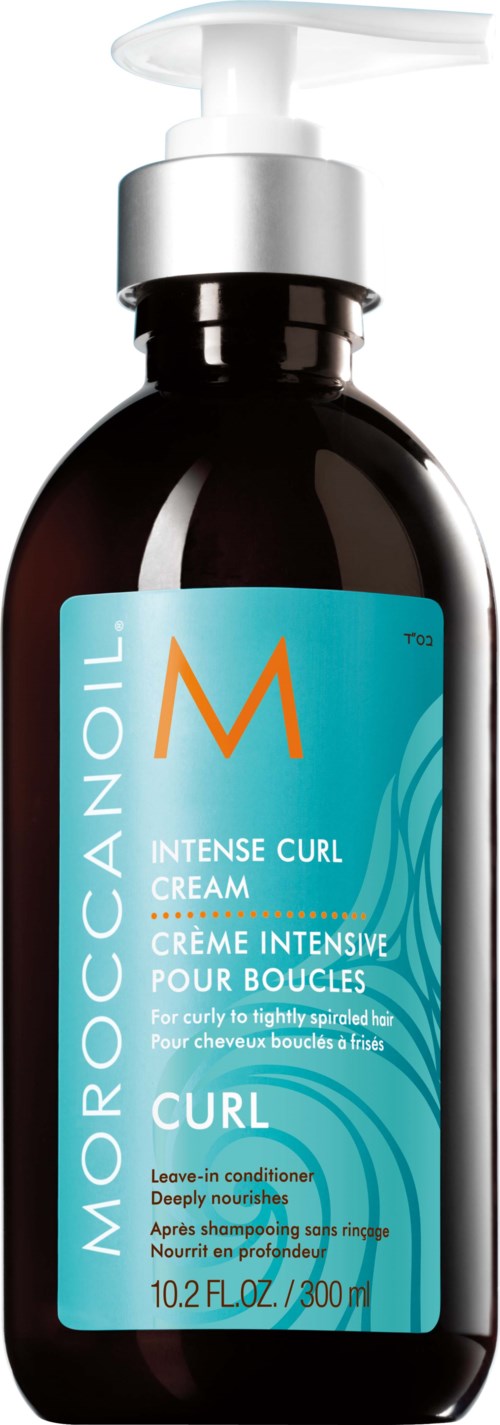 A dark bottle with a pump, labeled Moocanoil, describes intense curl cream for hair styling.