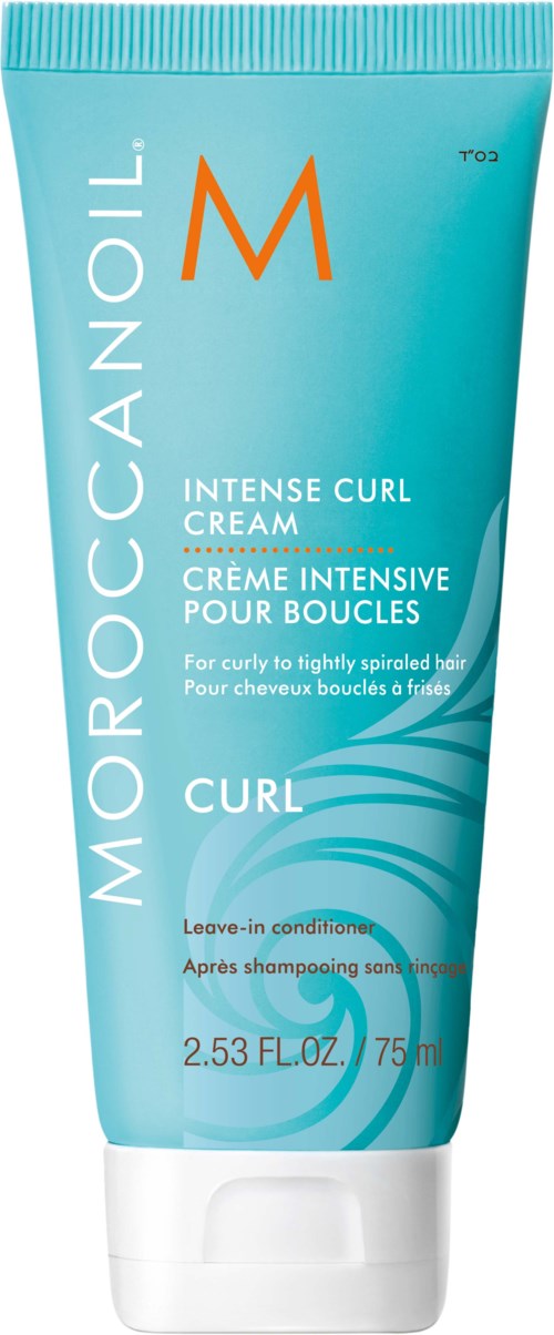 Sininen putki Moroccanoil Curl Cream -tuotetta, jossa on oranssi 'M' ja teksti kiharoista ja hoitotuotteesta.
