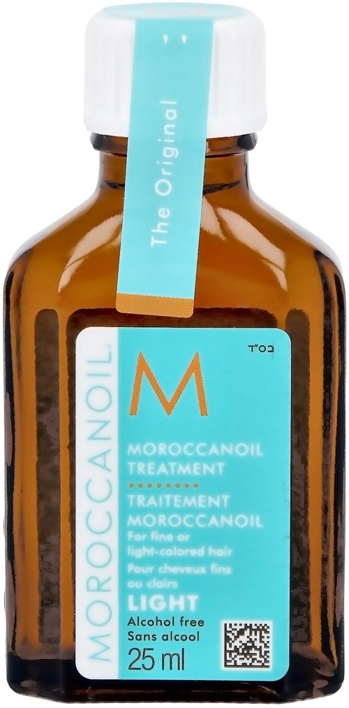 Small brown bottle with light blue and white label for MoroccanOil treatment for light-colored hair. Alcohol free, 25 ml.