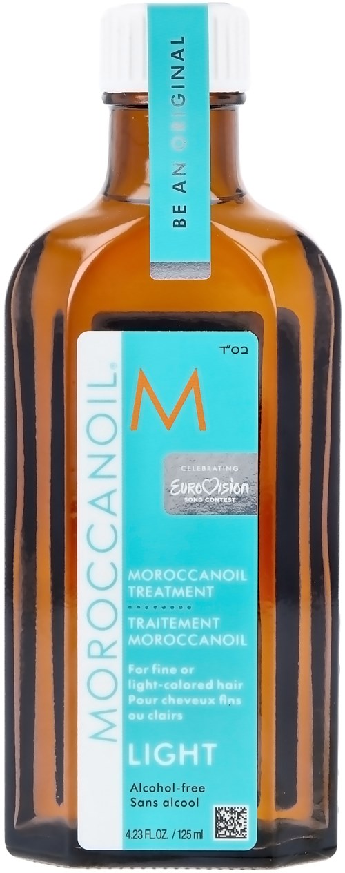 Brown bottle of Moroccan oil treatment with blue and white label, emphasizing light formula and alcohol-free features.