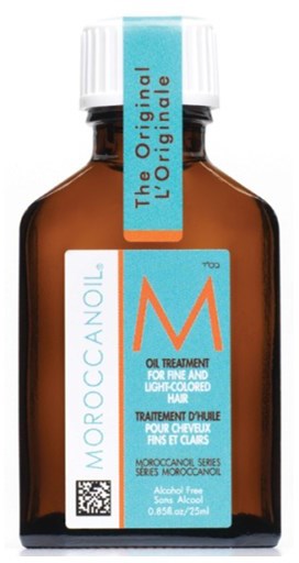 En liten brun flaska med blå och orange etiketter, innehåller hårvårdsöl, fri från alkohol, 0,85 oz/25 ml.