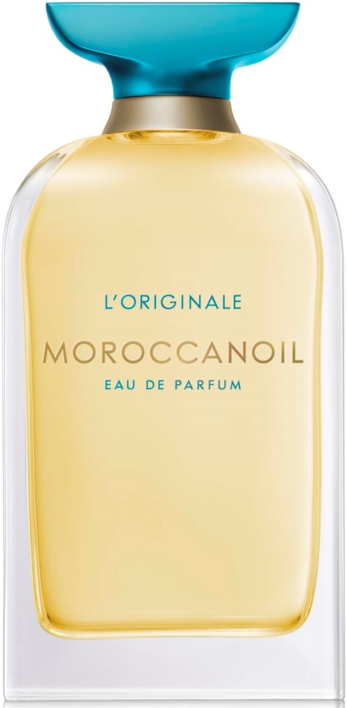 En parfyllflaska med gul vätska, blå kork och guldfärgad och teal etikett som läser 'Moroccanoil'.