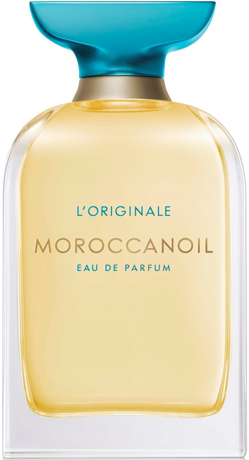 En parfymflaska med blå kork, märkt Maroccan Oil Eau de Parfum, klar glas med gul vätska inuti.