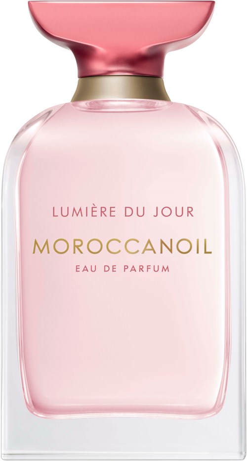 Pink perfume bottle with a gold and pink top. Text says it is Morocco Oil Eau de Parfum.