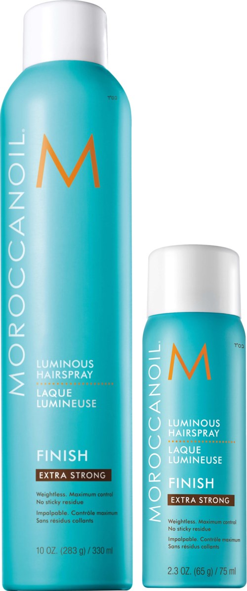 Two bottles of MoroccanOil luminous hairspray, one large and one small, are blue with white caps and orange letters.